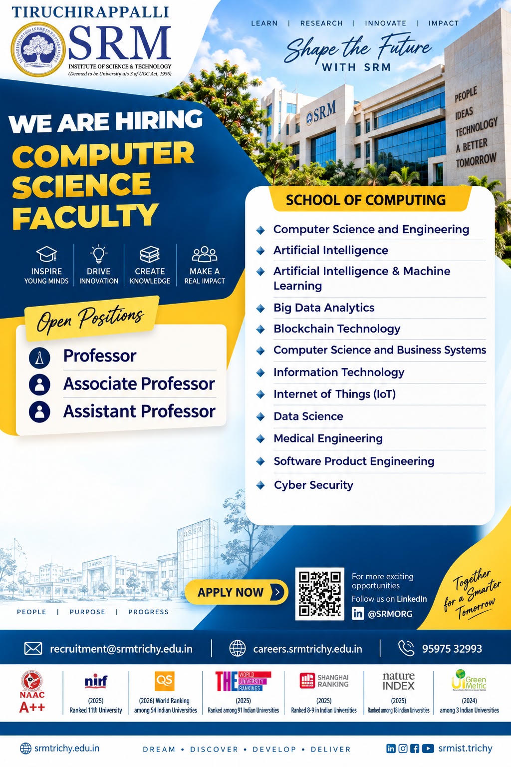 SRM Trichy is hiring Computer Science faculty